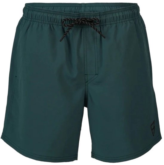 Maillot de bain vert foncé avec cordon de serrage noir et blanc, ceinture élastique et un logo sur la jambe gauche.