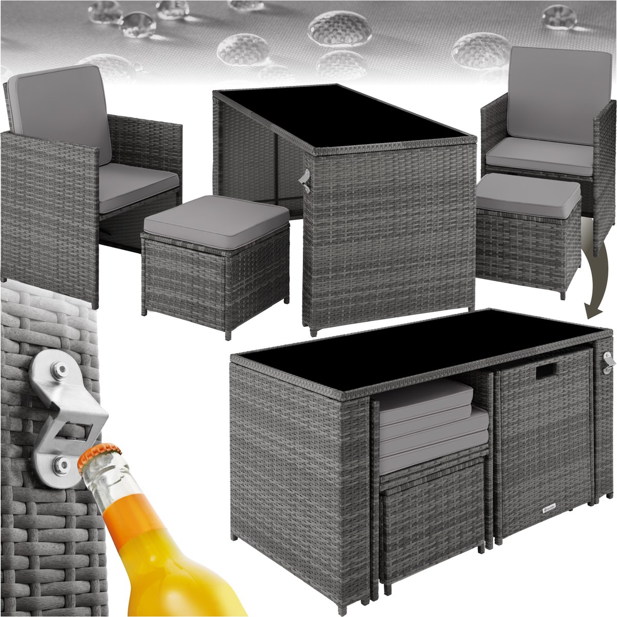tectake® Wicker Zitgroep | 5-delige Lounge Tuinmeubelset met Tafel, Fauteuil en Kruk | Eetgroep voor Maximaal 4 Personen | Tuin- en Balkonmeubilair Inclusief Kussens - Grijs