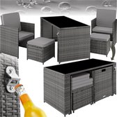 tectake® Wicker Zitgroep | 5-delige Lounge Tuinmeubelset met Tafel, Fauteuil en Kruk | Eetgroep voor Maximaal 4 Personen | Tuin- en Balkonmeubilair Inclusief Kussens - Grijs