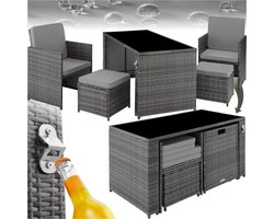 tectake® Wicker Zitgroep | 5-delige Lounge Tuinmeubelset met Tafel, Fauteuil en Kruk | Eetgroep voor Maximaal 4 Personen | Tuin- en Balkonmeubilair Inclusief Kussens - Grijs