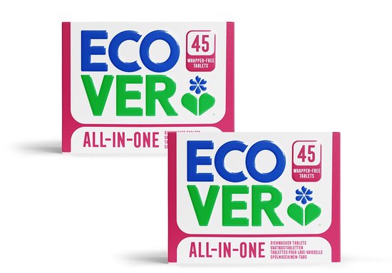 Ecover All-in-One - Vaatwastabletten - 2 x 45 stuks - 3-in-1 werking - zonder plastic omhulsel - met zout & glansspoelmiddel - Plantaardig & Biologisch afbreekbaar - frisse geur