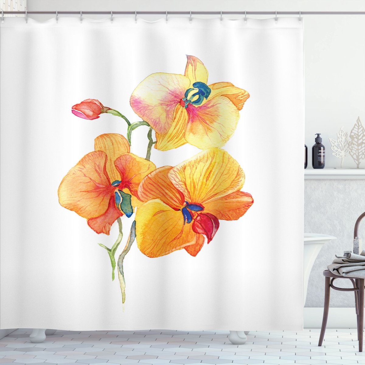 New Bed, Tuin Orchidee Bloemblaadje Wilde Exotisch, Douchegordijn Badkamer Decor Set met Haakjes, 175 cm B 180 cm L
