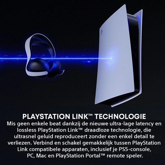 Zwarte gaming headset met witte hoofdband, verbonden met een PlayStation 5 console via PlayStation Link technologie.