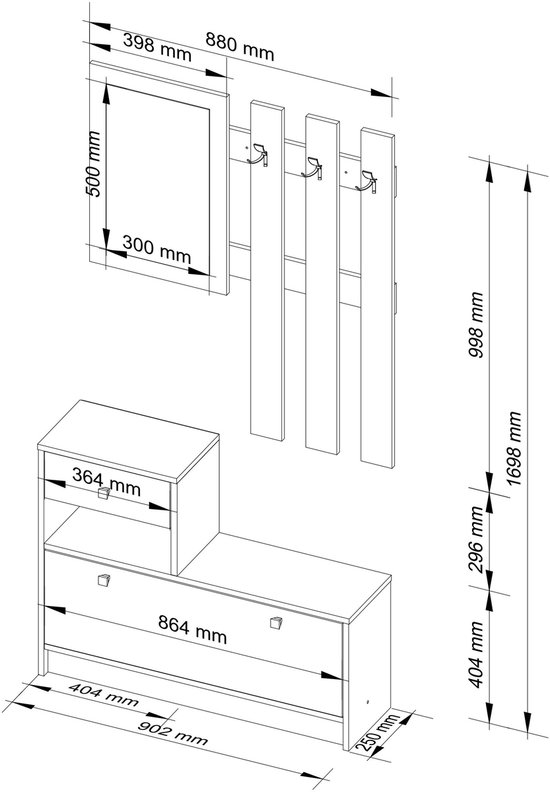 Ensemble de meubles muraux pour le hall, Design Classique , Couleur wengé, Miroir inclus, Deux éléments, 90x170x25 cm, Porte et tiroir, A monter soi-même, Max. 5 paires de Chaussures pour femmes, Perfect pour les entrées modernes
