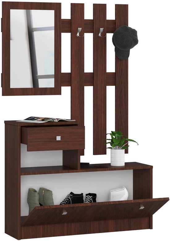Ensemble de meubles muraux pour le hall, Design Classique , Couleur wengé, Miroir inclus, Deux éléments, 90x170x25 cm, Porte et tiroir, A monter soi-même, Max. 5 paires de Chaussures pour femmes, Perfect pour les entrées modernes