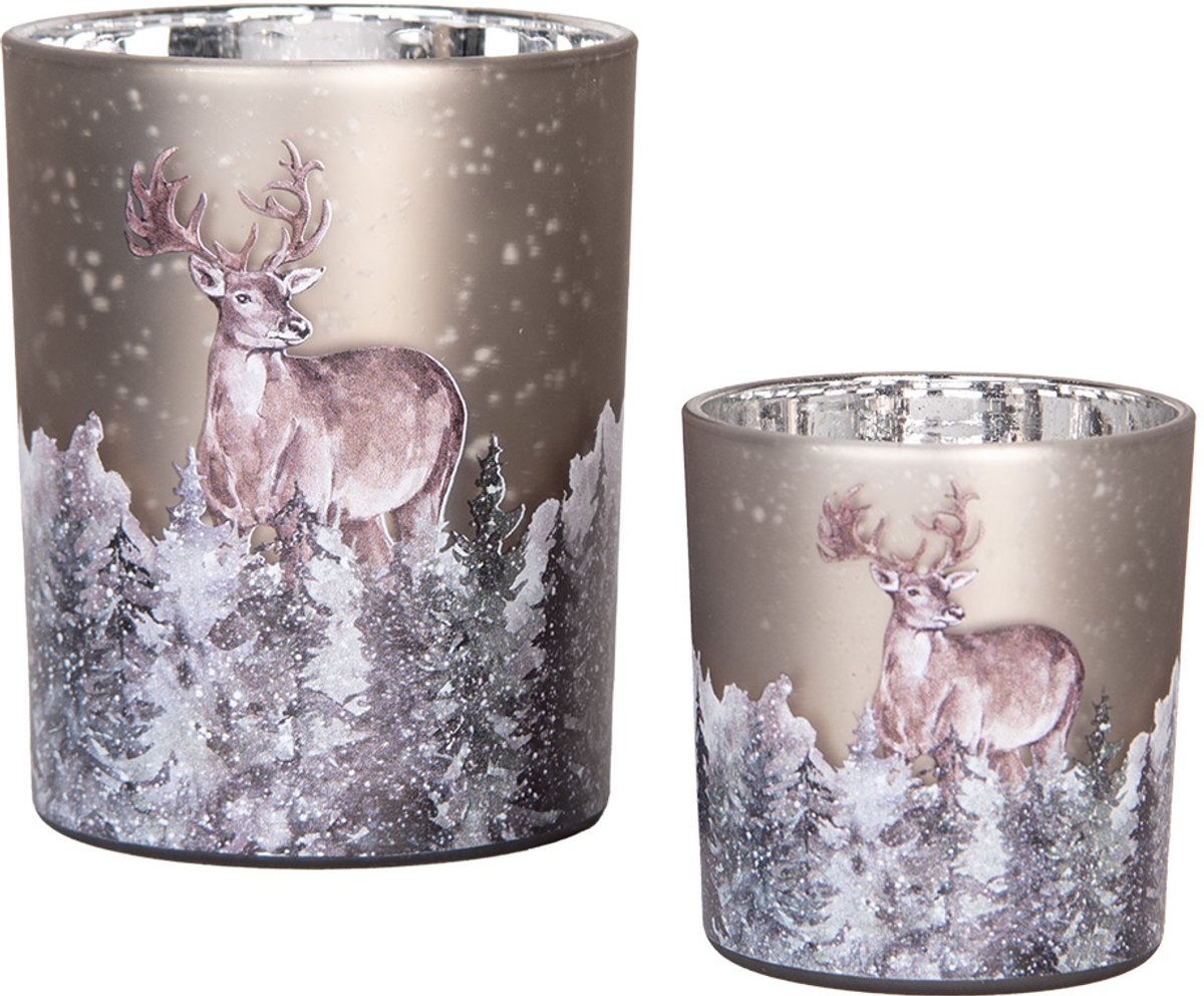 Clayre & Eef Theelichthouder Set van 2 Ø 7x8 / 10x13 cm Grijs Glas Hert