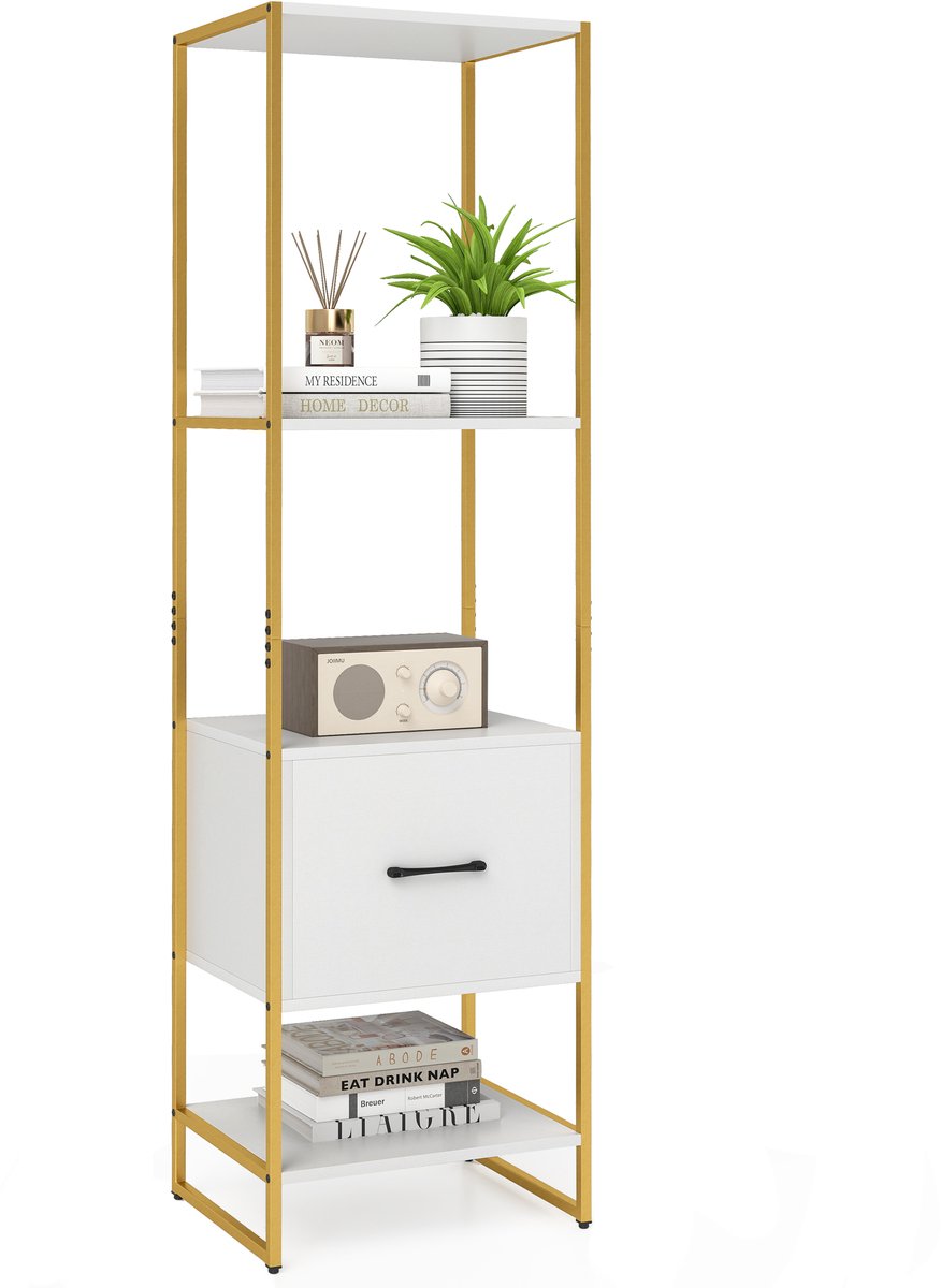 COSTWAY Boekenkast met 5 verdiepingen, boekenkast met open planken en metalen frame, staand rek, modern, opbergrek voor woonkamer, slaapkamer, 45 x 35 x 160 cm (wit)
