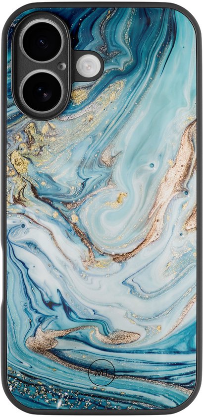 Coque de téléphone avec un imprimé marbre bleu et doré, finition brillante et cadre noir.