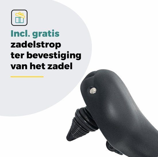 Zwart fietszadel met een gratis meegeleverde zadelstrop ter bevestiging.