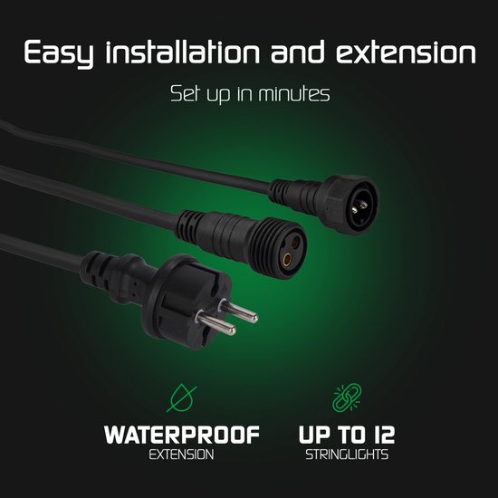 Stekker, connector en waterdichte verlengkabel voor LED-lichtsnoeren, koppelbaar tot 12.