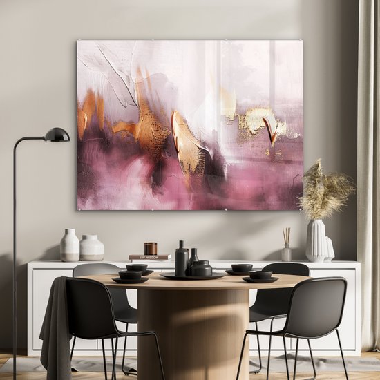 MuchoWow® Glasschilderij 120x90 cm - Schilderij acrylglas - Paars - Abstract - Verf - Goud - Foto op glas - Muurdecoratie woonkamer - Wanddecoratie slaapkamer - Schilderijen