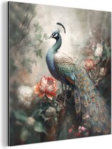 Tableau aluminium 20x20 cm - Décoration murale métal - Paon - Plumes de paon - Oiseau - Jungle - Fleurs - Décoration murale métallique salon - Décoration industrielle - Photo sur dibond - Accessoires industriels chambre à coucher