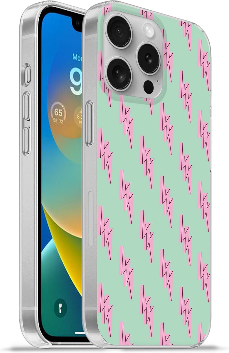 Telefoonhoesje Geschikt voor Apple Iphone 16 Pro hoesje - Bliksemschichten - Patroon - Groen - Roze - Siliconen Telefoonhoesje Telefoonhoesje