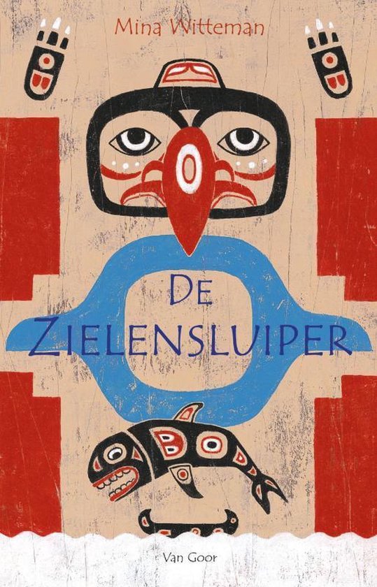 Boekcover met tekst 'De Zielensluipen'. Illustratie in indiaanse stijl met gezicht, orka en symbolen.