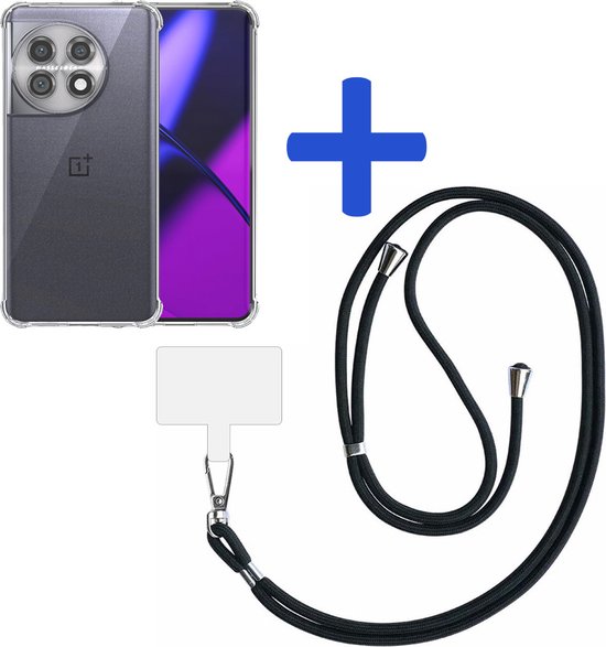 Transparante telefoonhoes voor OnePlus 11 met zwart koord, een witte sticker en een blauw plus-symbool.