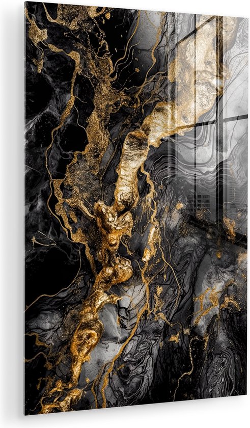 MuchoWow® Glasschilderij 40x60 cm - Schilderij acrylglas - Marmer - Zwart - Goud - Abstract - Foto op glas - Muurdecoratie woonkamer - Wanddecoratie slaapkamer - Schilderijen