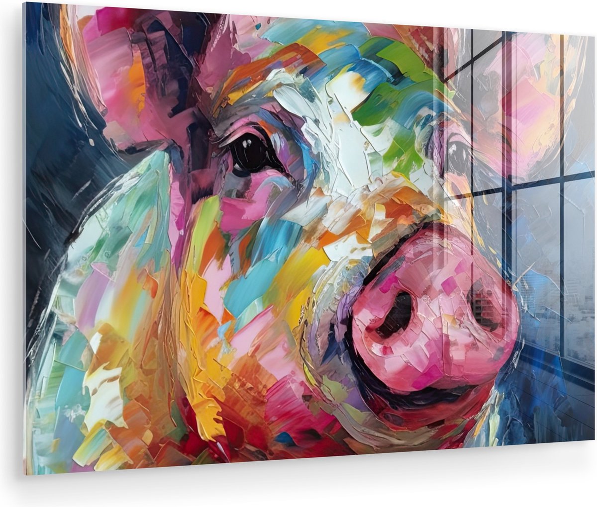 MuchoWow® Glasschilderij 180x120 cm - Schilderij acrylglas - Varken - Olieverf - Dieren - Kunst - Foto op glas - Muurdecoratie woonkamer - Wanddecoratie slaapkamer - Schilderijen