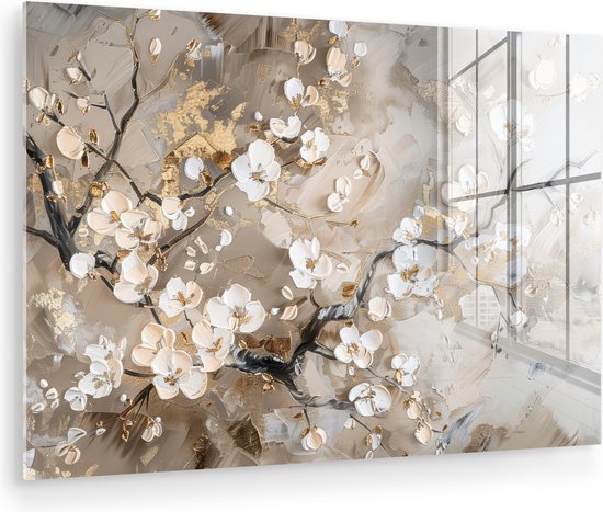 MuchoWow® Glasschilderij 120x80 cm - Schilderij acrylglas - Bloemen - Wit - Goud - Beige - Luxe - Foto op glas - Muurdecoratie woonkamer - Wanddecoratie slaapkamer - Schilderijen