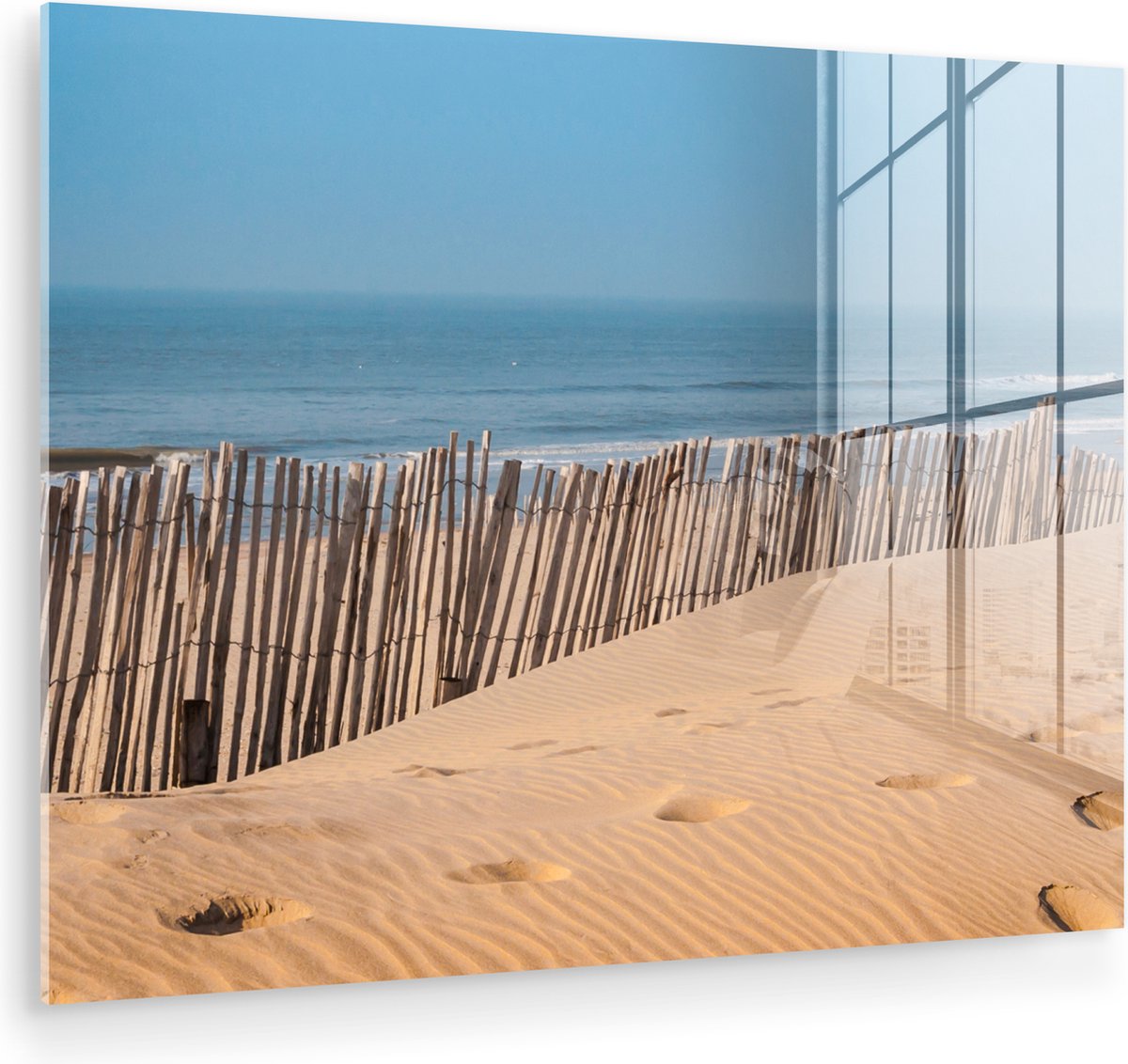 MuchoWow® Glasschilderij 120x90 cm - Schilderij acrylglas - Strand - Zee - Palen - Foto op