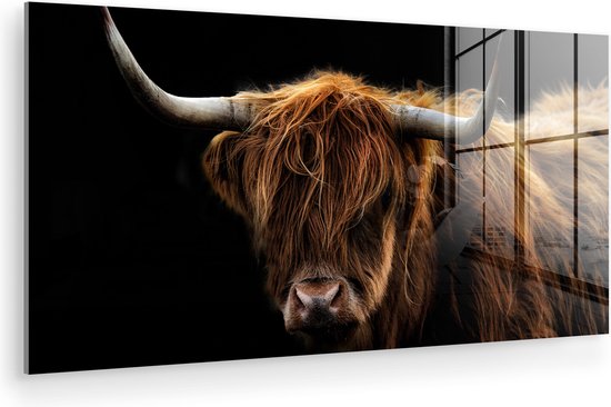 Peinture sur verre Highlander écossais - Cornes - Zwart - Animaux - Vache - Salon - 80x40 cm - Photo sur verre - Décoration murale verre - Décoration chambre - Plaque de verre - Décoration murale