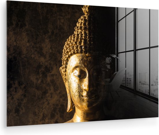 Peinture sur verre - Photo sur verre - Image de Bouddha - Or - Bouddha - Spirituel - Peinture sur verre - Décoration murale - 60x40 cm - Verre acrylique - Peinture sur verre d'intérieur - Décoration murale