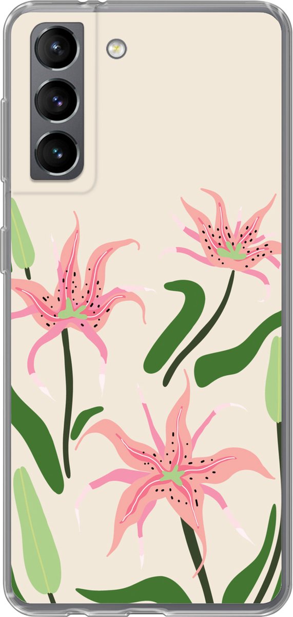 Telefoonhoesje Geschikt voor Samsung Galaxy S21 hoesje - Bloem - Roze - Bladeren - Siliconen Telefoonhoesje Telefoonhoesje