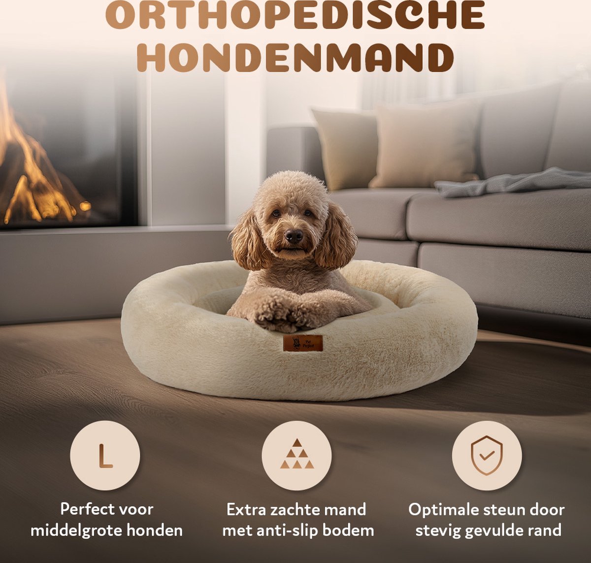 Pet Perfect Orthopedische Hondenmand – Donut Hondenmand – Hondenkussen – Hondenbed – Wasbaar - 80 cm - Beige thumbnail 2