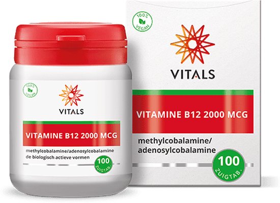 Vitamine B12 2000 mcg pot en doosje met rode dop en accenten. 100 zuigtabletten.