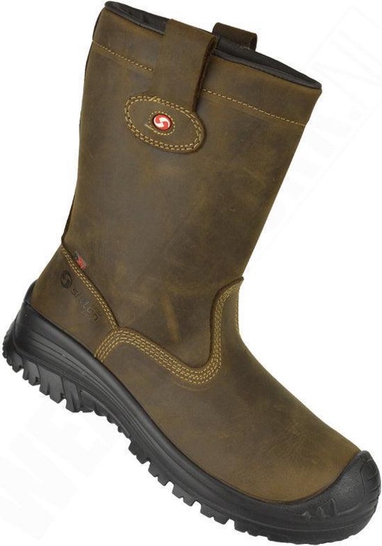 Bruine leren werklaars met zwarte zool en neus. Met lus aan de bovenkant.
