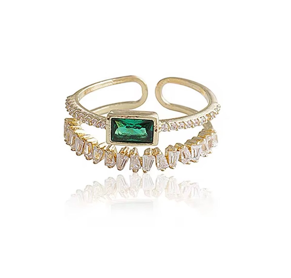 Dames Ring - Lichtgroen - Dubbellaagse Zirkoon Ring - Goud Kleur met Zirkonia - RVS