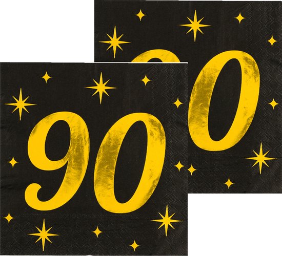 Paperdreams Verjaardag feest servetten - leeftijd 90 jaar - 32x stuks - zwart/goud - sterren - 33 x 33 cm