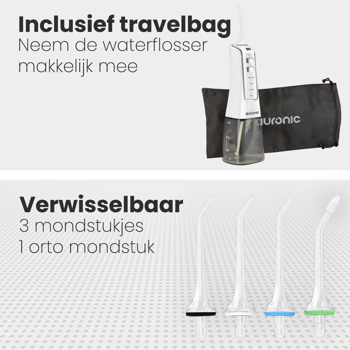 Auronic Waterflosser - Monddouche Elektrisch - 3 Standen - Draadloos en Oplaadbaar - 300 ml - 4 Opzetstukjes - Wit thumbnail 5