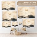 Présentation de la toile paysage avec montagnes, soleil et oiseaux en différentes tailles, avec des dimensions telles que 140x90, 180x120, 100x150, 120x80, 60x40, 90x60 et 30x20.