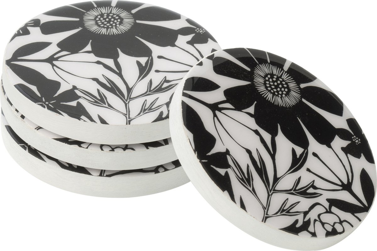 J-Line onderzetter Bloemen - hout - zwart/wit - set van 4
