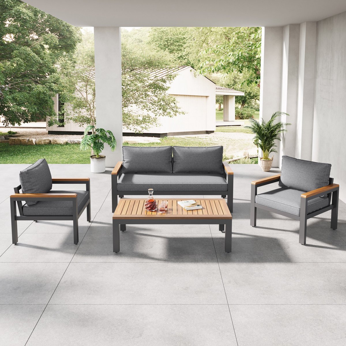 Sweiko Tuin loungeset - 4 delig - Grijs acaciahouten tuinmeubelset.