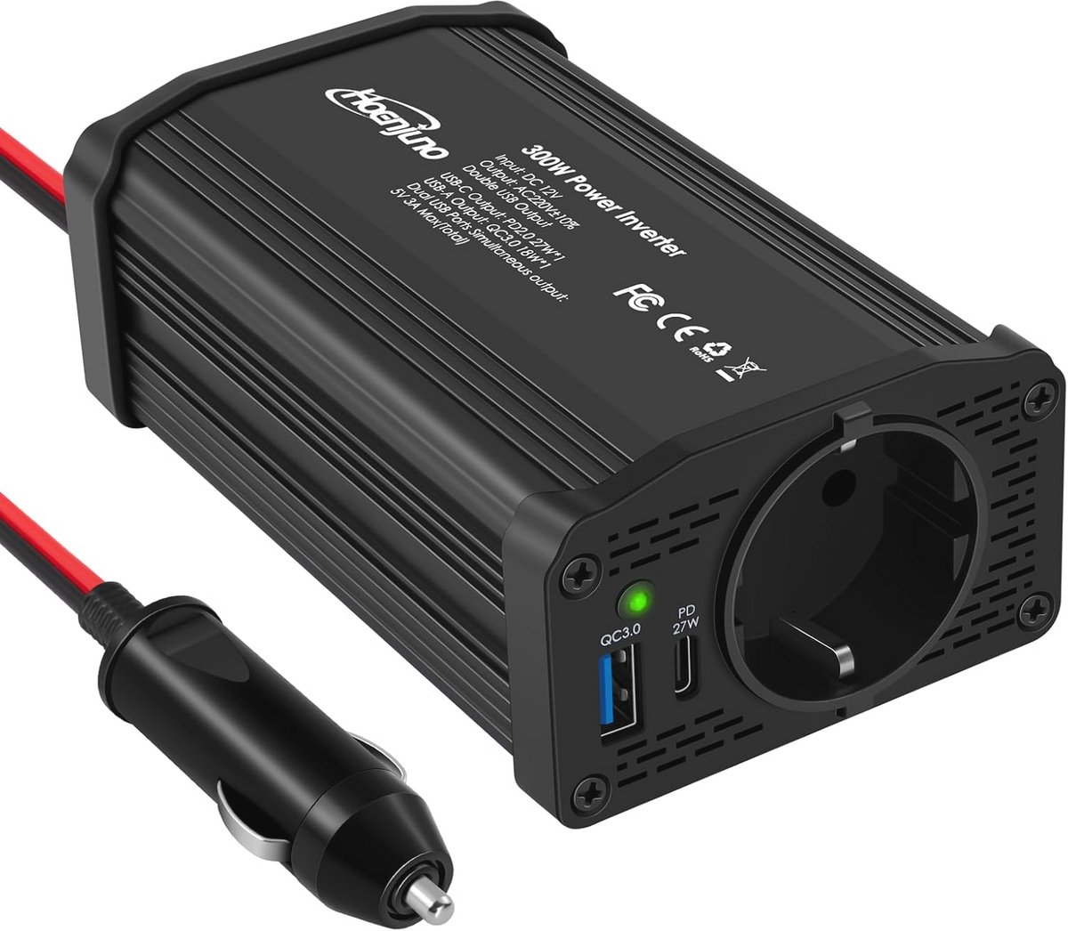 300W Spanningsomvormer 12V naar 230V met USB-aansluitingen en EU-stopcontact voor Laptop en Tablet Opladen