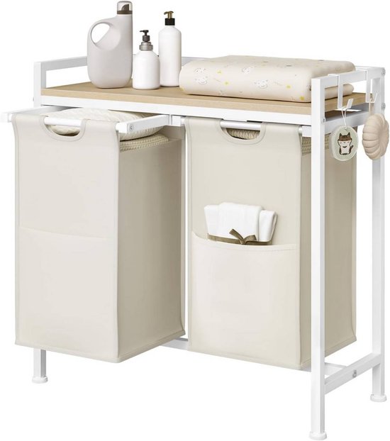 Panier à linge avec 2 sacs à linge - Paniers à linge extensibles - Structure en métal et plateau en bois - Pour buanderie, salle de bain ou chambre - Wit - Moderne et peu encombrant