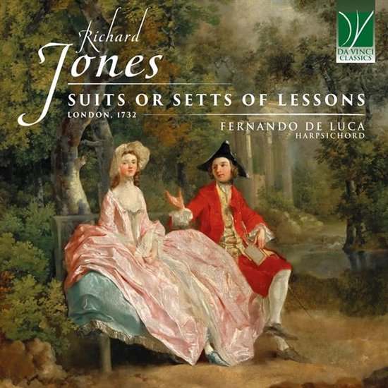 CD hoes met schilderij van een man in rode jas en vrouw in roze jurk, zittend in een park. Tekst: Richard Jones Suits Or Setts Of Lessons London, 1732 Fernando De Luca Harpsichord.