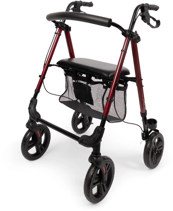 Rollator Nova - Lichtgewicht en opvouwbare rollator (6,9 kg) - Handgrepen én Zithoogte instelbaar - Inclusief Handig Mandje en Stokhouder - Met Parkeerrem en Zachte Zitting - Rood