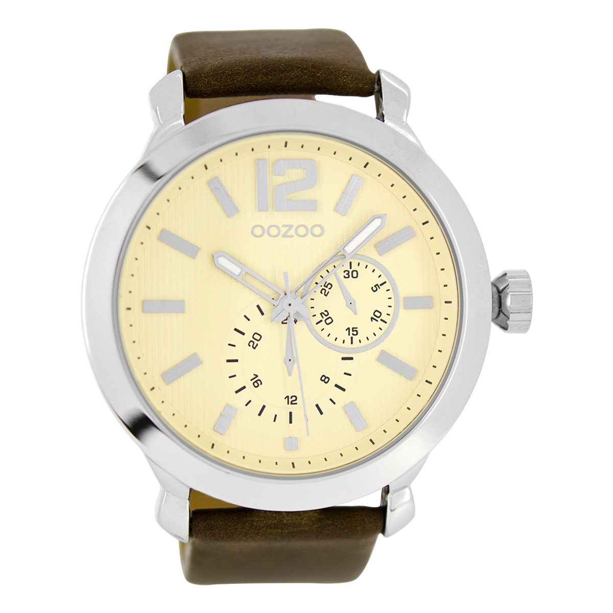 OOZOO Timepieces - Zilverkleurige horloge met donker bruine leren band - C6076