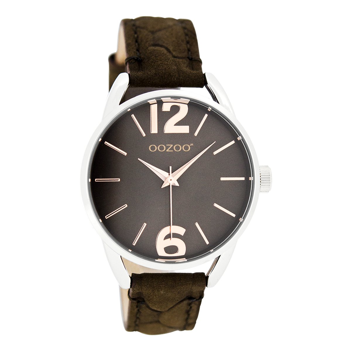 OOZOO Timepieces - Zilverkleurige horloge met donker bruine leren band - JR283