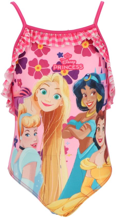 Roze badpak met Disney Princesses Rapunzel, Jasmine, Cinderella en Belle. Met ruches en bloemenprint.