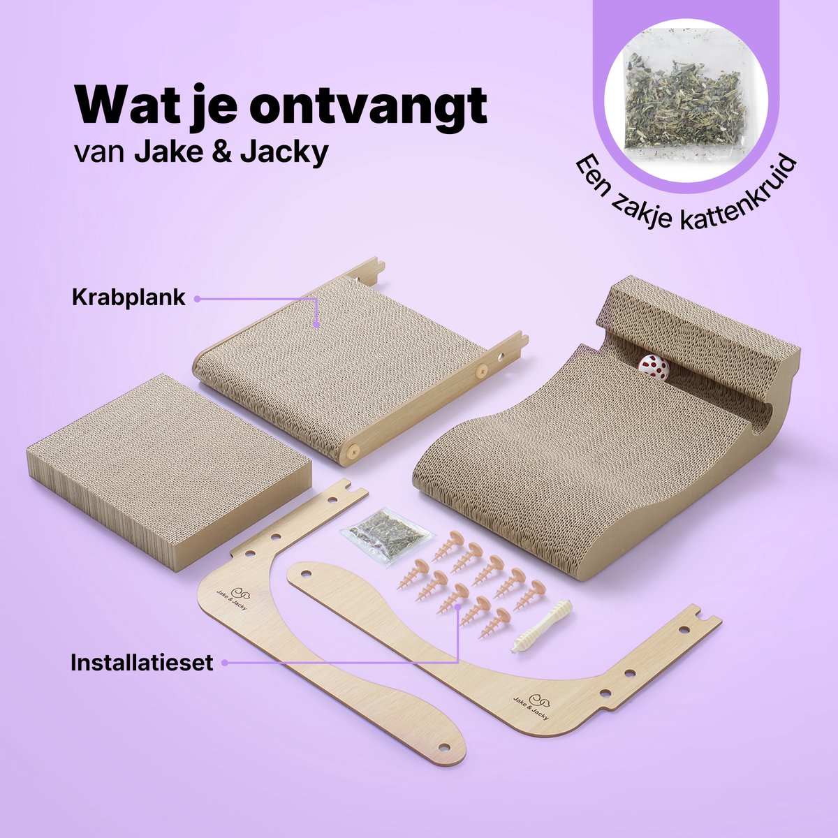 Jake and Jacky Krabkarton voor Katten met Speelballetje - Krabpaal Karton - Krabplank - Krabmand - Krabmeubel - Kartonnen Krabmat - Kattenmand - Kattenbed - 60x26,4x40 cm – foto 7