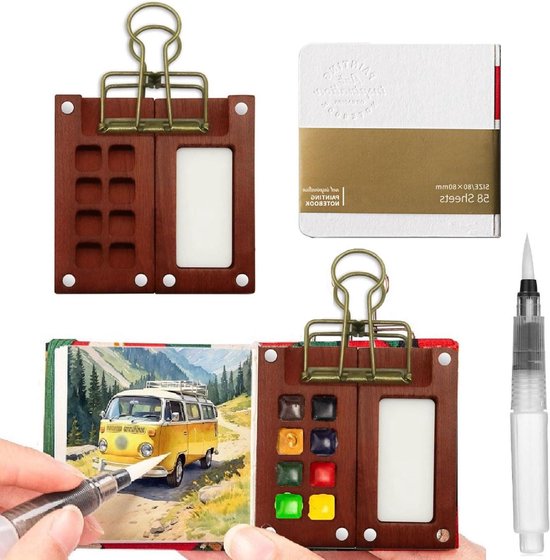 Kit Aquarelle Voyage En Noyer - 24 Couleurs, Pinceaux, Palette 15 Cases Et Carnet - Débutant/Pro
