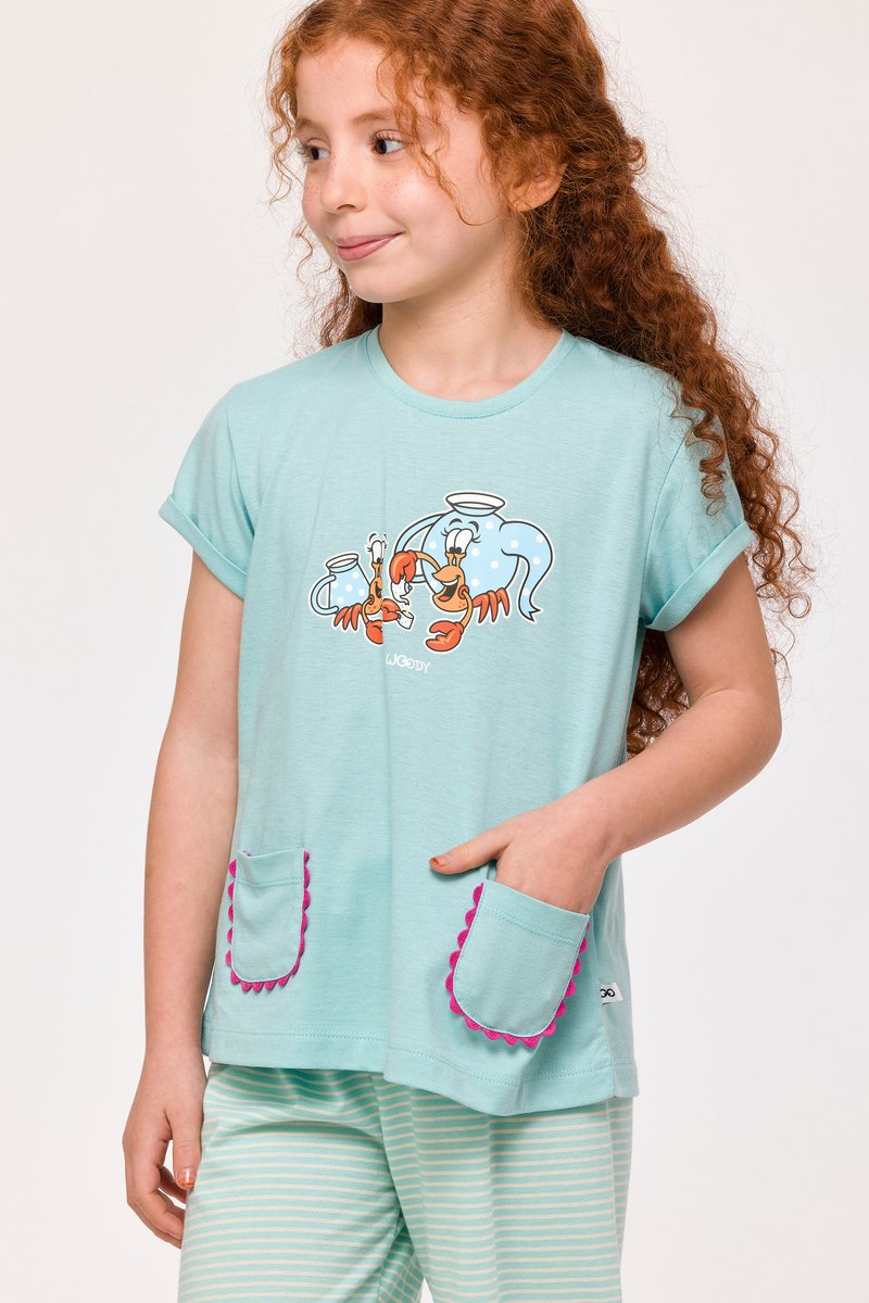 Woody Meisjes-Dames Pyjama licht turquoise - maat 164/14J