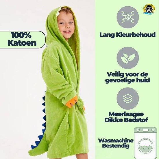BoefieBoef Dinosaurus Groen Baby Badjas Kinderen 1-3 Jaar - Zachte Katoenen Ochtendjas met Capuchon - Absorberende Handdoek Badcape - Warme Peuter Badjas voor Waterpret, Na Bad & Zwemles - Jongens & Meisjes - Perfect Cadeau in 4 Kleuren! van Merkloos — afbeelding 5