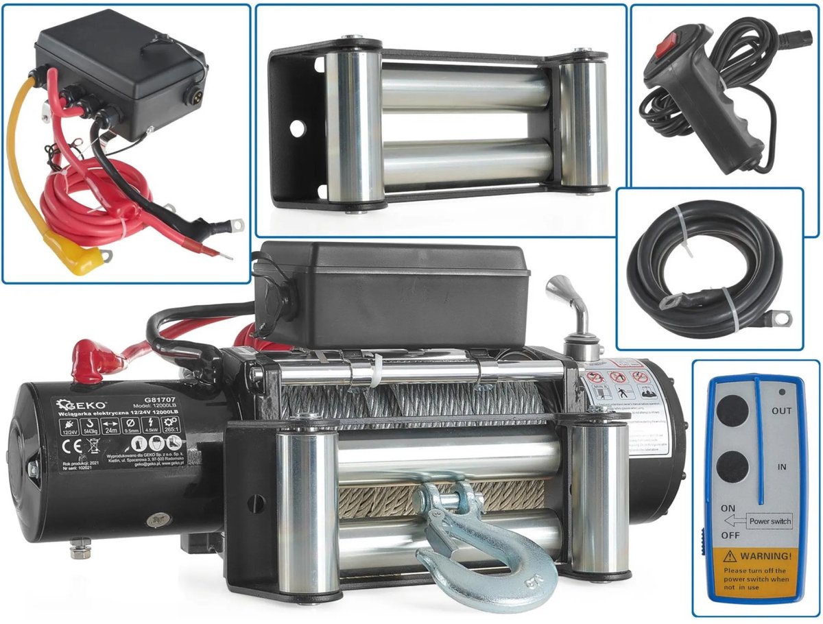 GEKO Elektrische lier - 12V - 5443 kg trekkracht - Automatische rem - 24m staalkabel