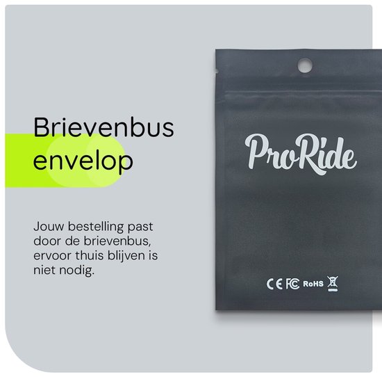 Grijze envelop met het 'ProRide' logo en keurmerken. Past door de brievenbus.