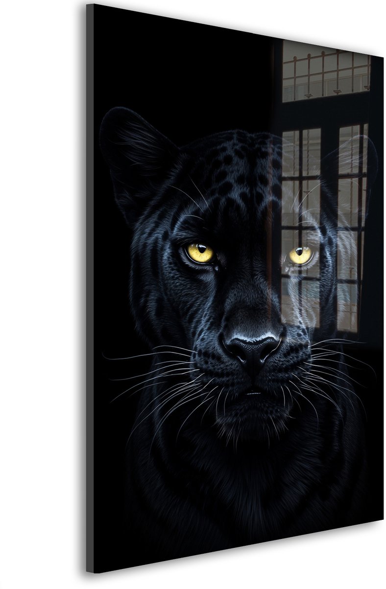 Glasschilderij Schaduwrijke jagersblik panter - 60 x 40 cm - Panter - Dierenhoofden - Acrylaat - Inclusief wandbevestiging - Foto op plexiglas - Wanddecoratie woonkamer – Modern – Modern