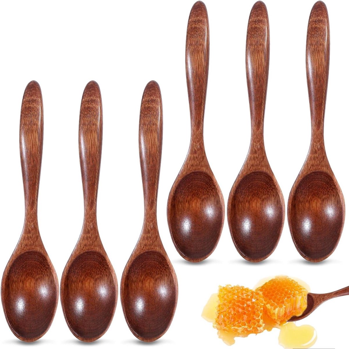 Milieuvriendelijk houten bestek - Set van 6 lepels, inclusief honinglepel, theelepel, en soeplepel - Handgemaakt en natuurlijk - 14 cm, bruin